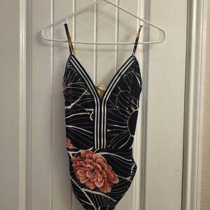 Floral V-Neck One-Piece Swimsuit — Black with Coral Flowers